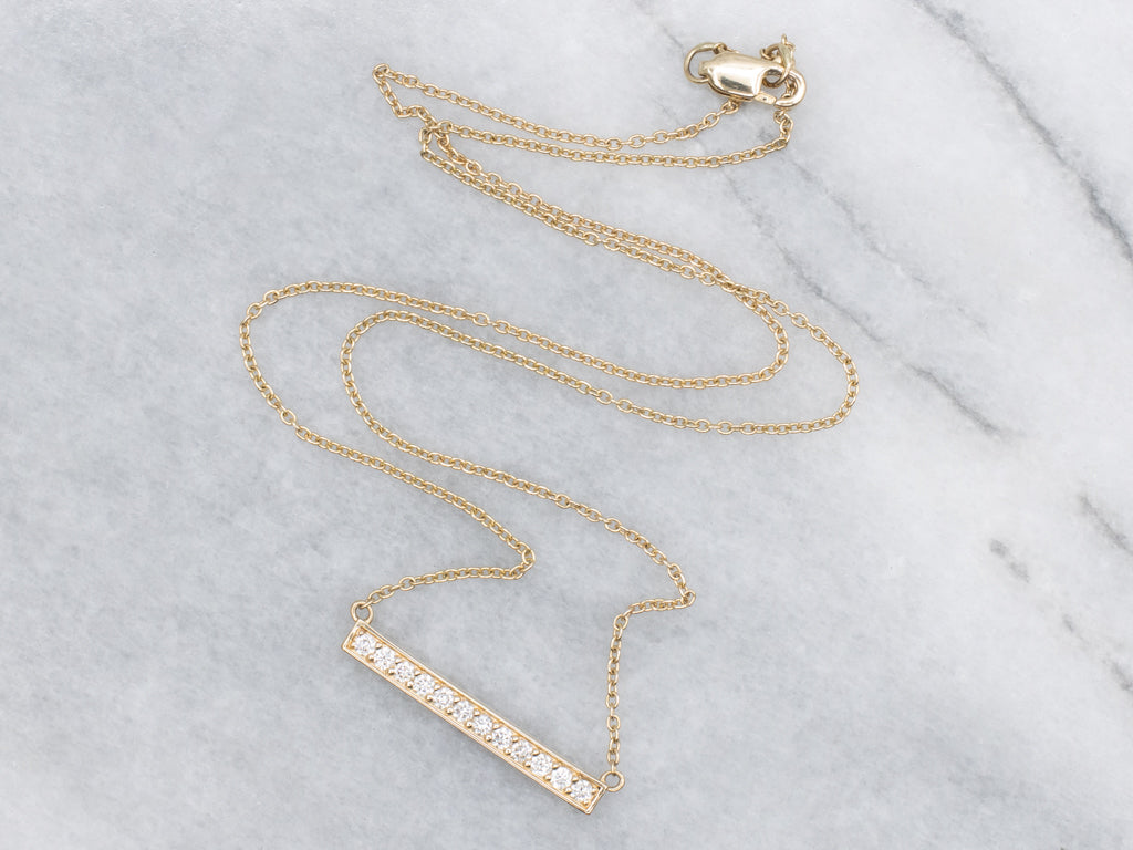 Modern Gold Diamond Bar Pendant Necklace