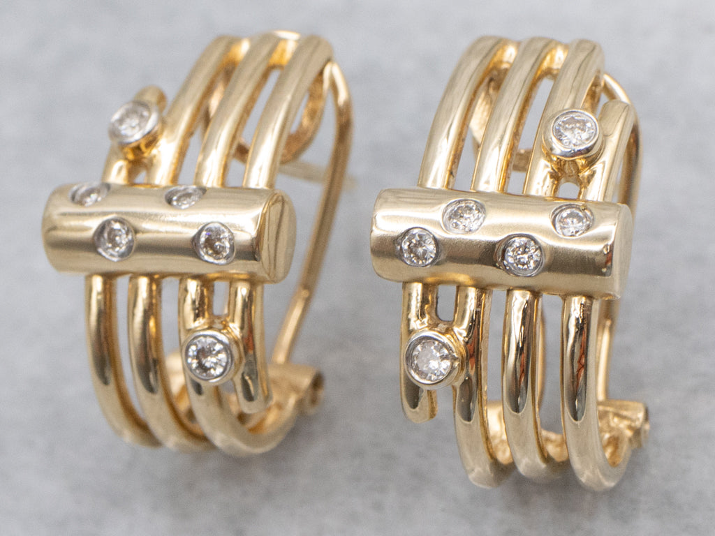 Modernist Gold Diamond Etoile Hoop Earrings