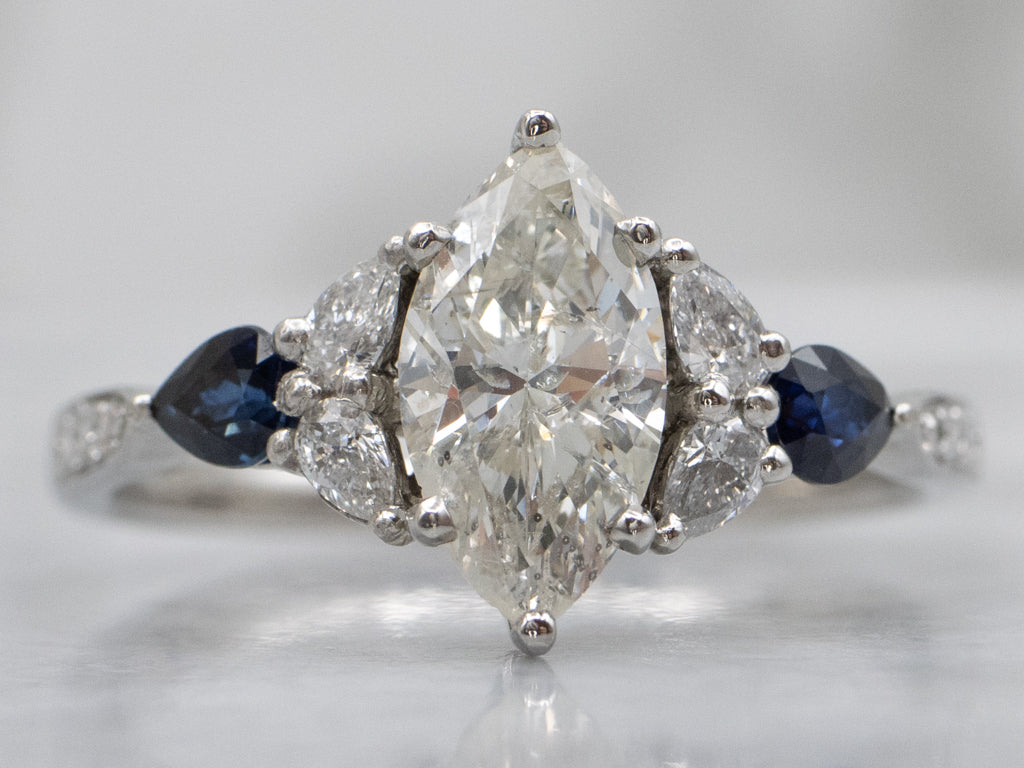 Marquise-Cut Diamond and Sapphire Platinum Engagement Ring