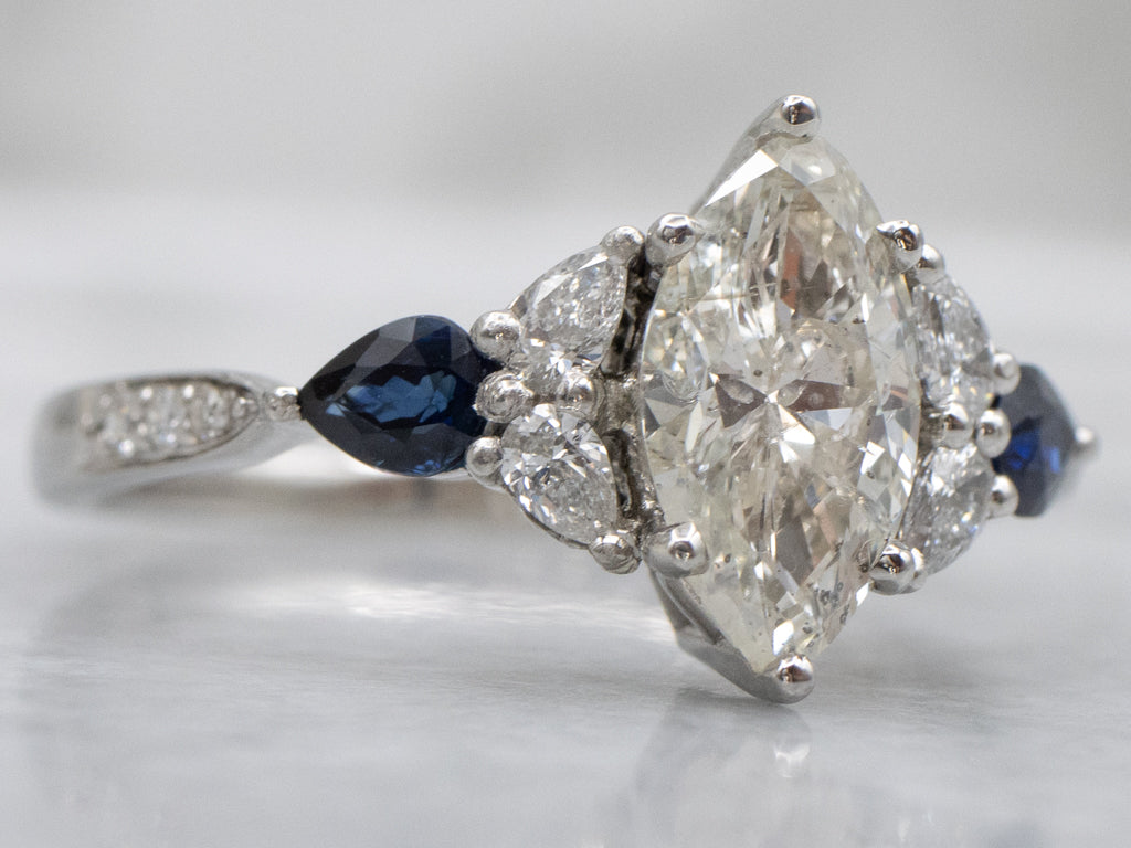 Marquise-Cut Diamond and Sapphire Platinum Engagement Ring