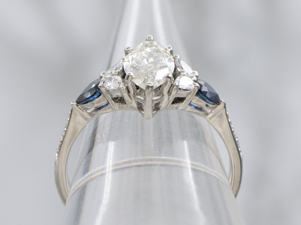 Marquise-Cut Diamond and Sapphire Platinum Engagement Ring