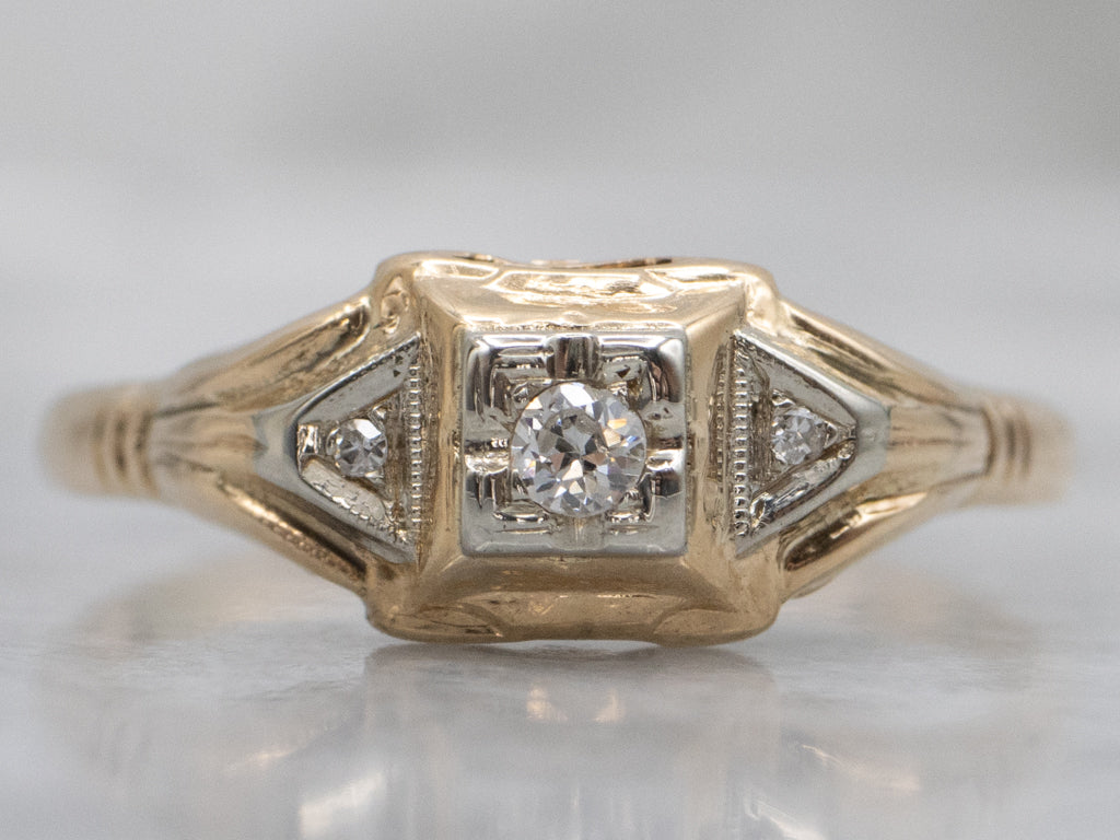 Early Retro Era Three Stone Diamond Engagement Ring