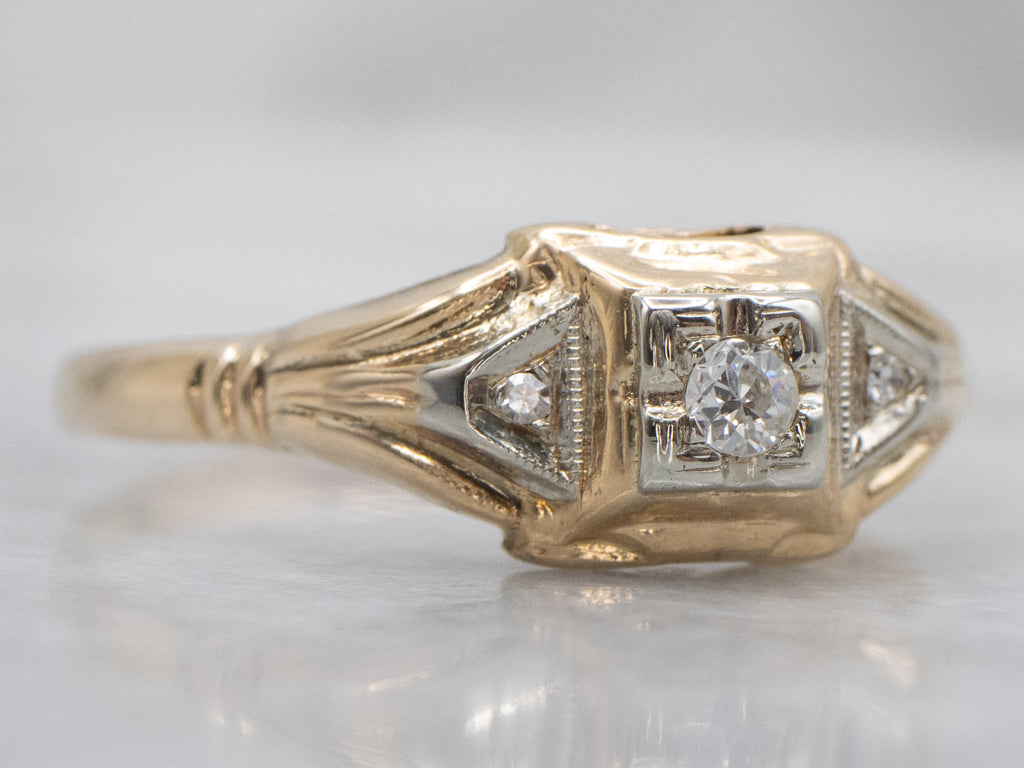 Early Retro Era Three Stone Diamond Engagement Ring