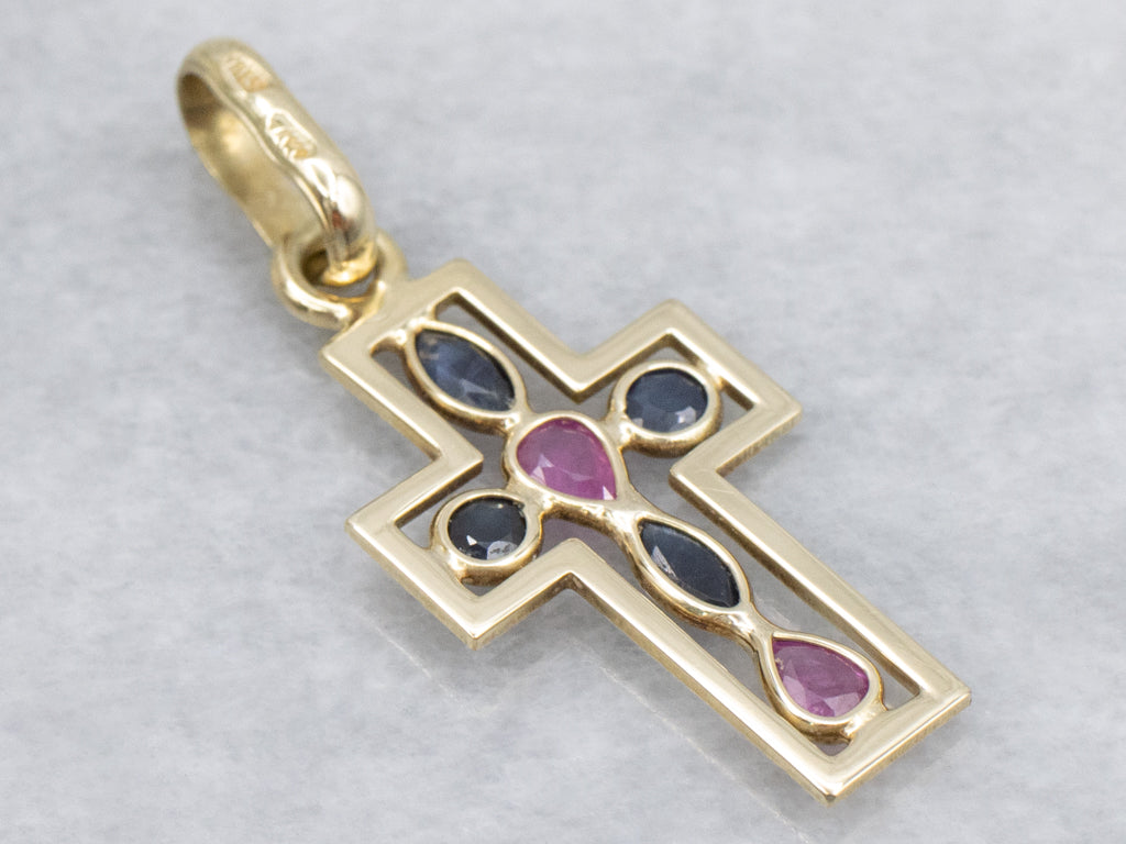 Ruby and Sapphire Italian Gold Cross Pendant