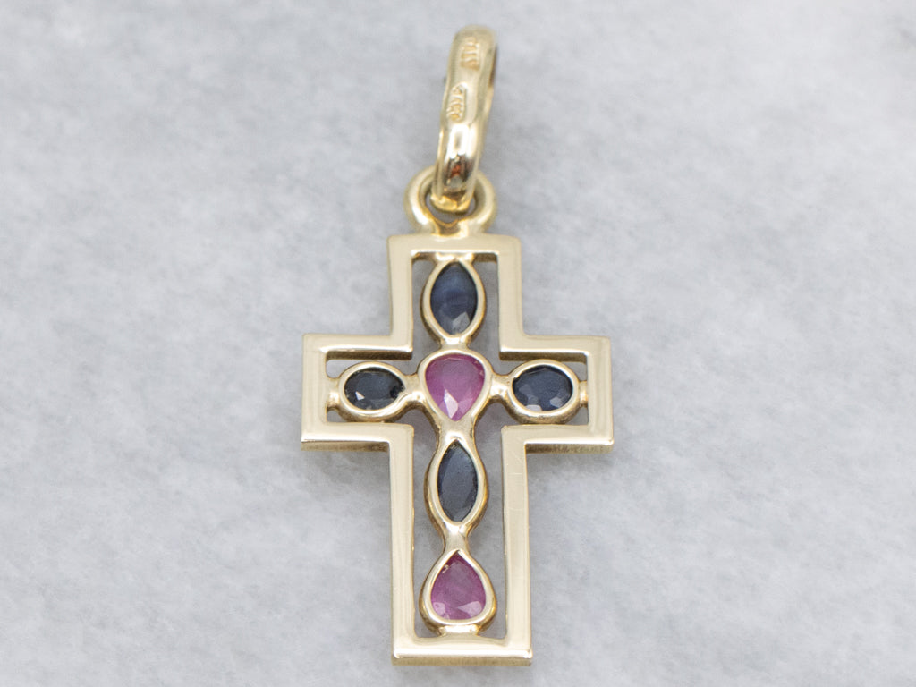 Ruby and Sapphire Italian Gold Cross Pendant