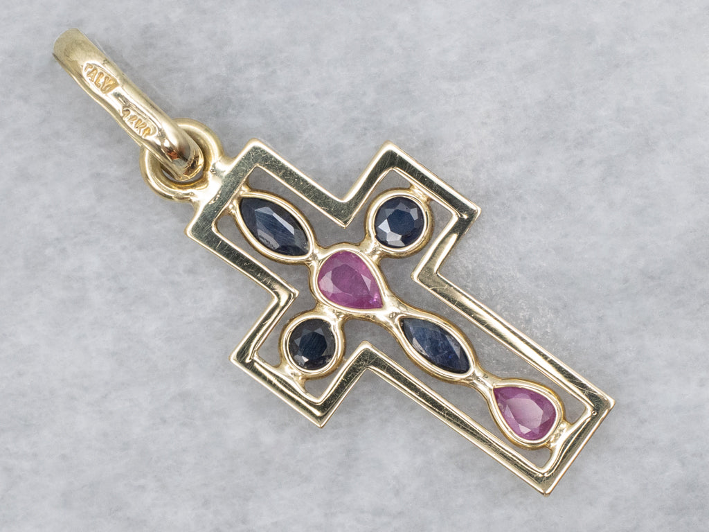 Ruby and Sapphire Italian Gold Cross Pendant