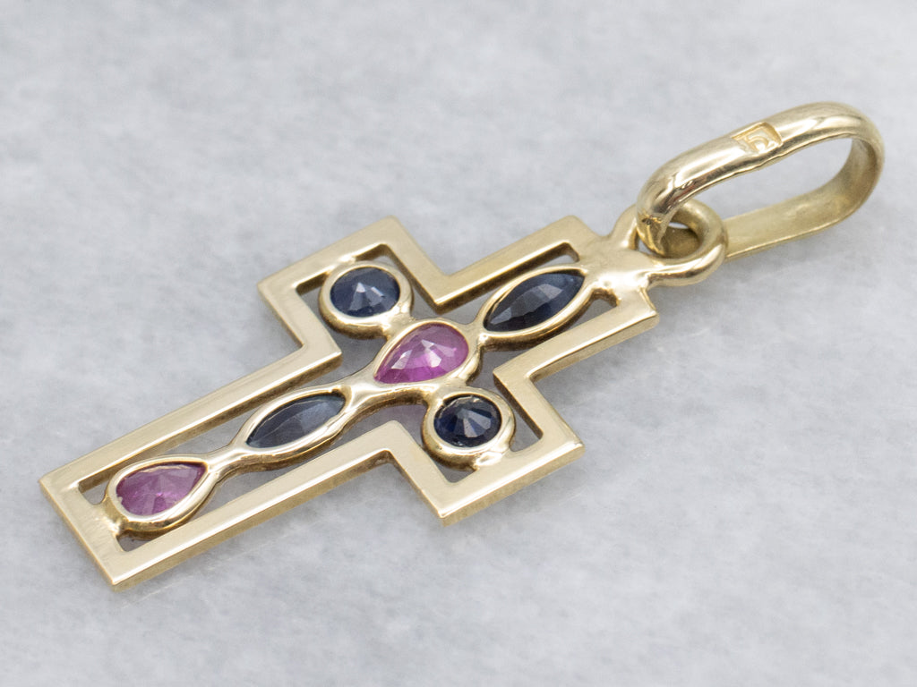 Ruby and Sapphire Italian Gold Cross Pendant