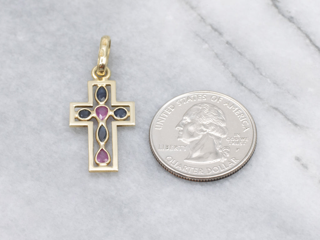 Ruby and Sapphire Italian Gold Cross Pendant