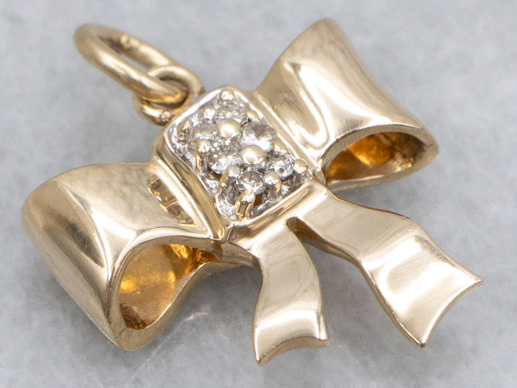 Vintage Retro Gold Bow Pendant with Diamond