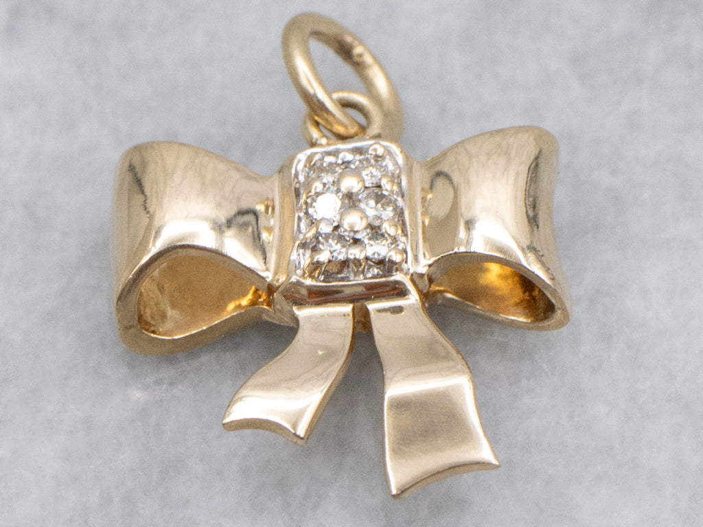 Vintage Retro Gold Bow Pendant with Diamond