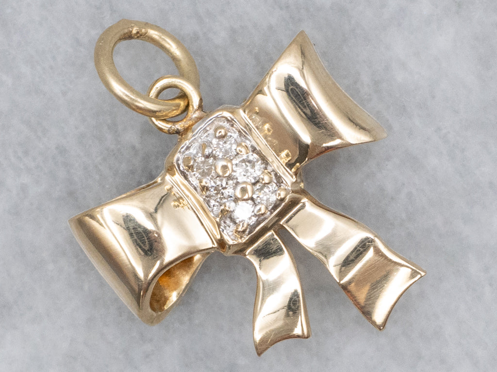 Vintage Retro Gold Bow Pendant with Diamond
