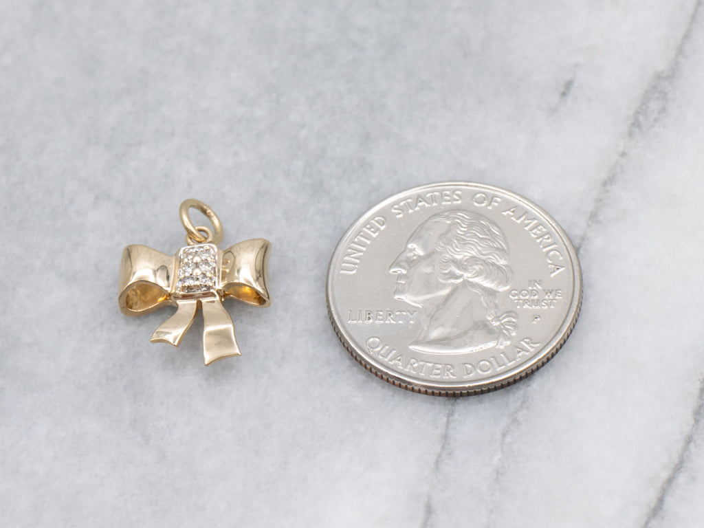 Vintage Retro Gold Bow Pendant with Diamond