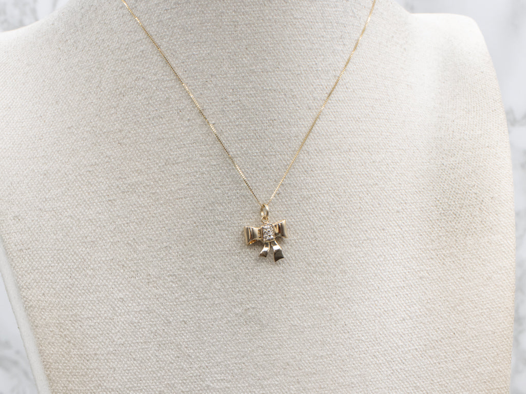 Vintage Retro Gold Bow Pendant with Diamond