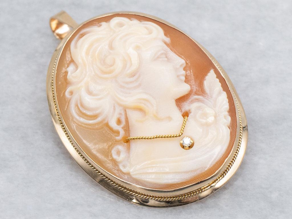 Mid-Century Italian Gold Cameo Brooch or Pendant with Diamond Accent