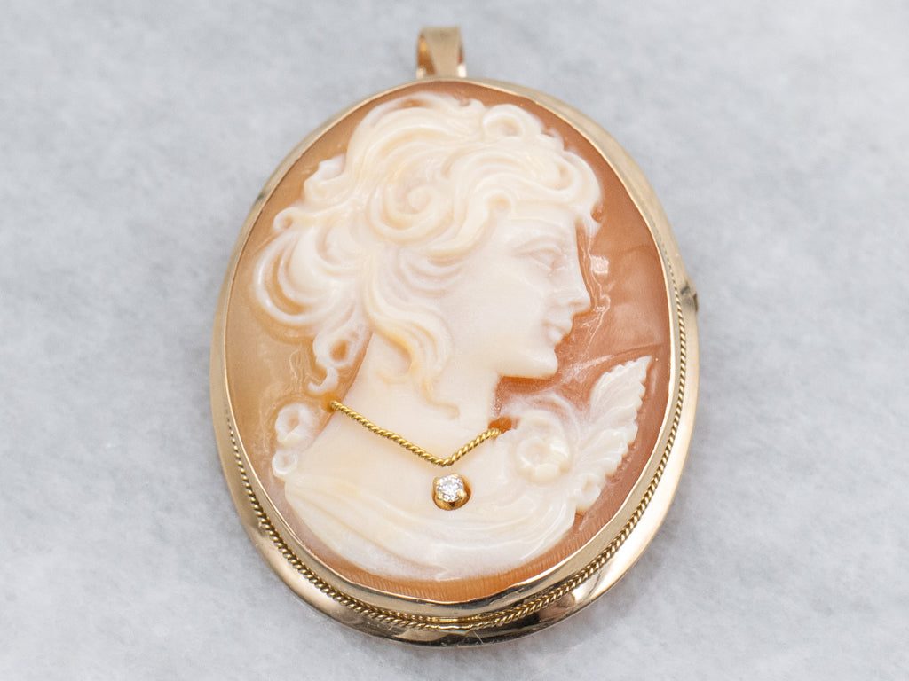 Mid-Century Italian Gold Cameo Brooch or Pendant with Diamond Accent