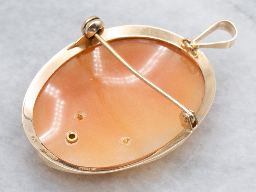Mid-Century Italian Gold Cameo Brooch or Pendant with Diamond Accent