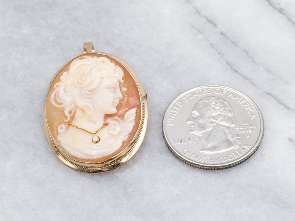 Mid-Century Italian Gold Cameo Brooch or Pendant with Diamond Accent