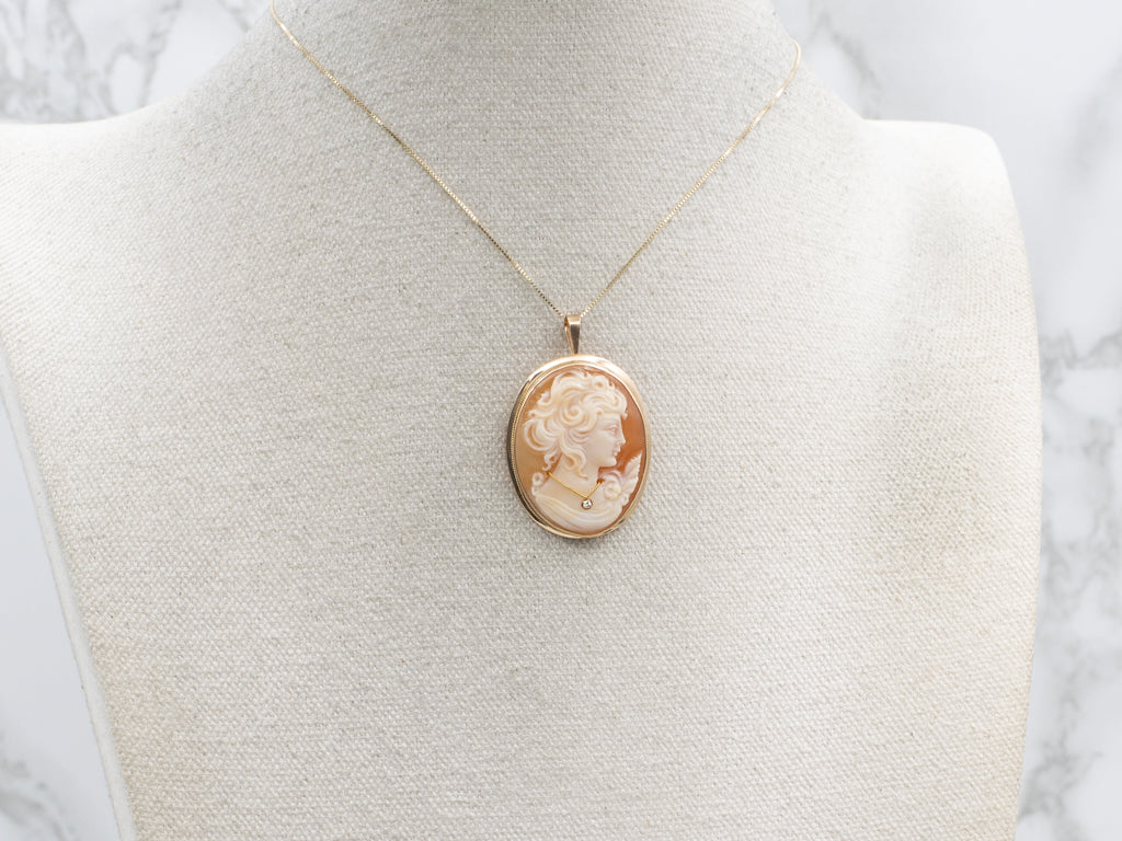 Mid-Century Italian Gold Cameo Brooch or Pendant with Diamond Accent