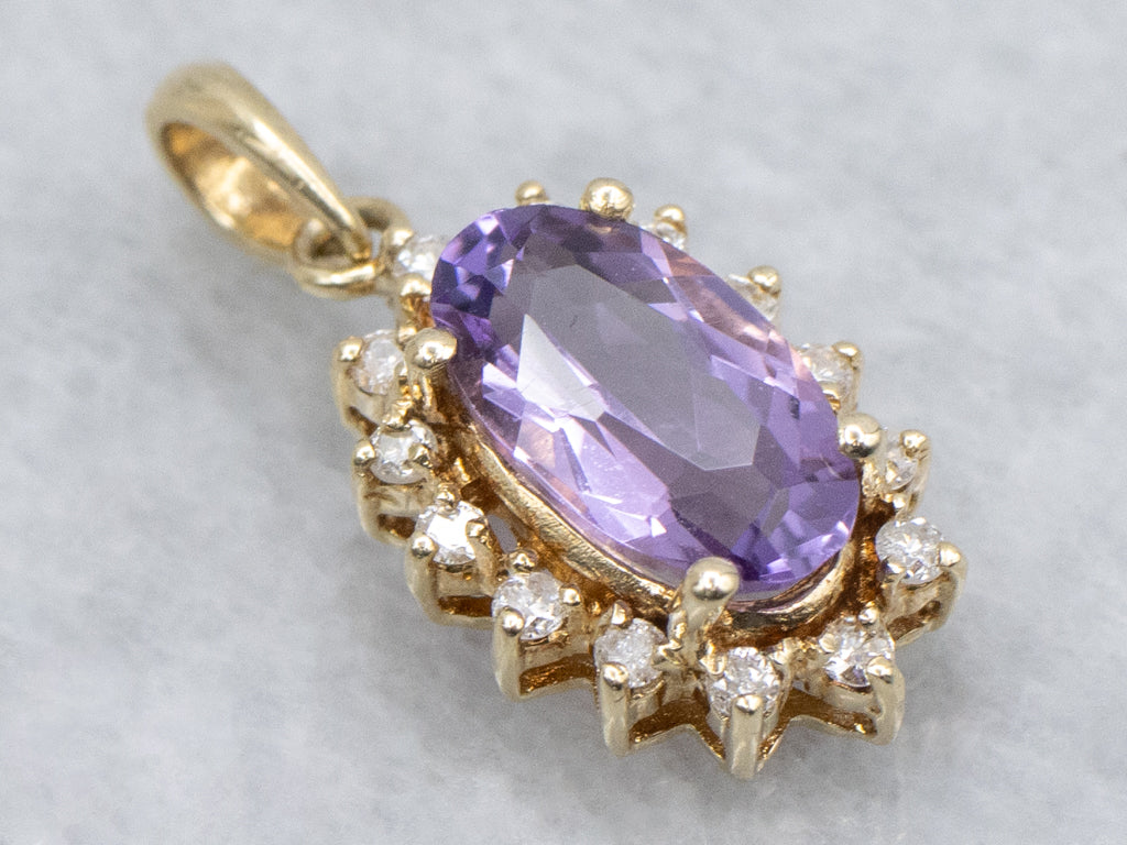 Amethyst and Diamond Halo Yellow Gold Pendant