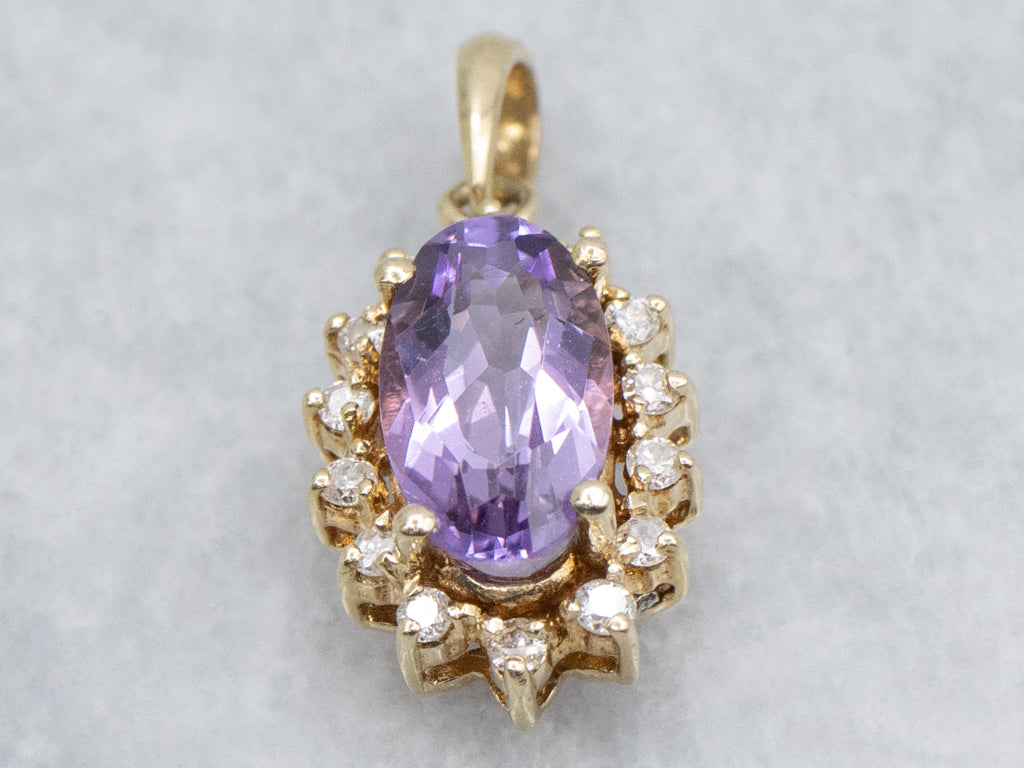 Amethyst and Diamond Halo Yellow Gold Pendant