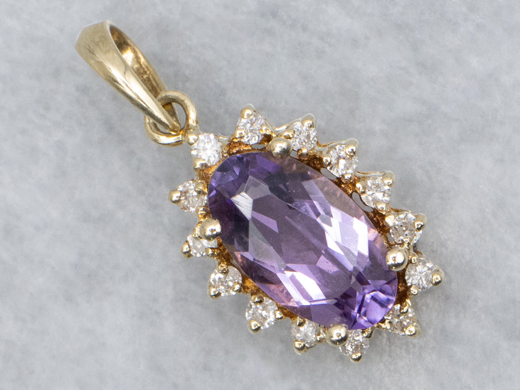 Amethyst and Diamond Halo Yellow Gold Pendant