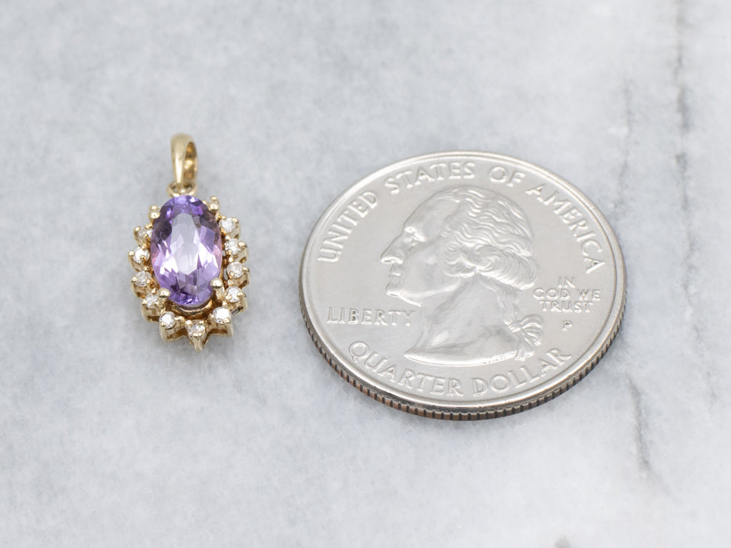 Amethyst and Diamond Halo Yellow Gold Pendant