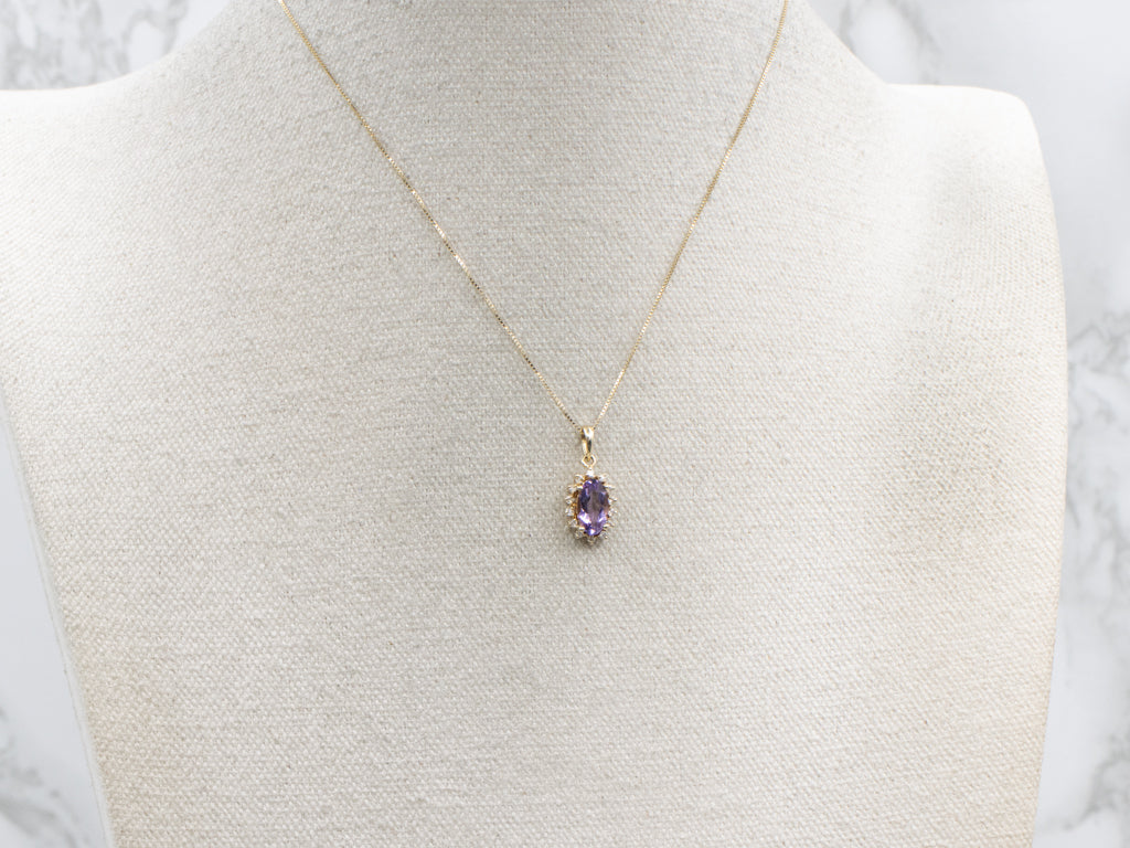 Amethyst and Diamond Halo Yellow Gold Pendant