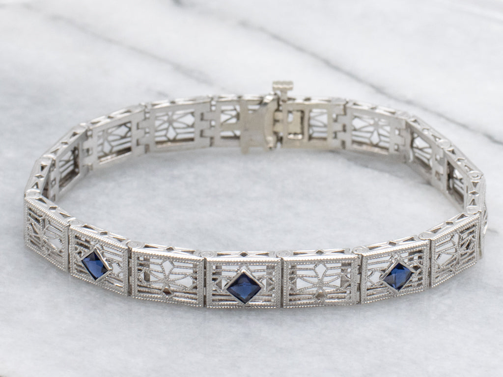 Art Deco 1920s Synthetic Sapphire Gold Filigree Link Bracelet