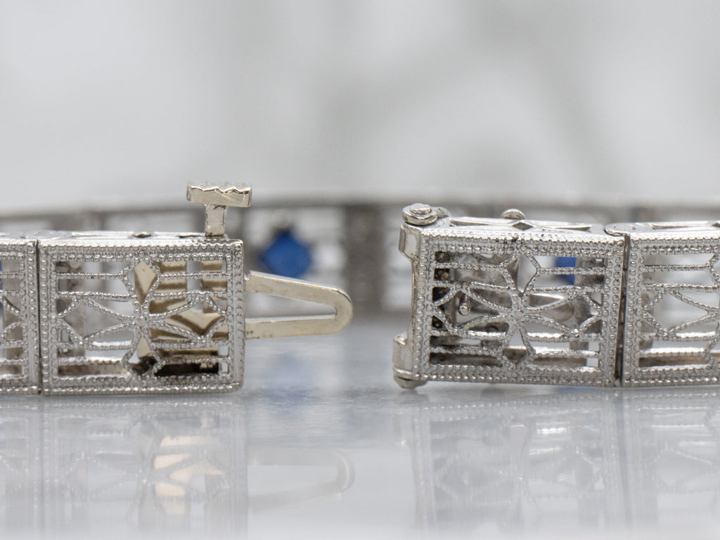 Art Deco 1920s Synthetic Sapphire Gold Filigree Link Bracelet