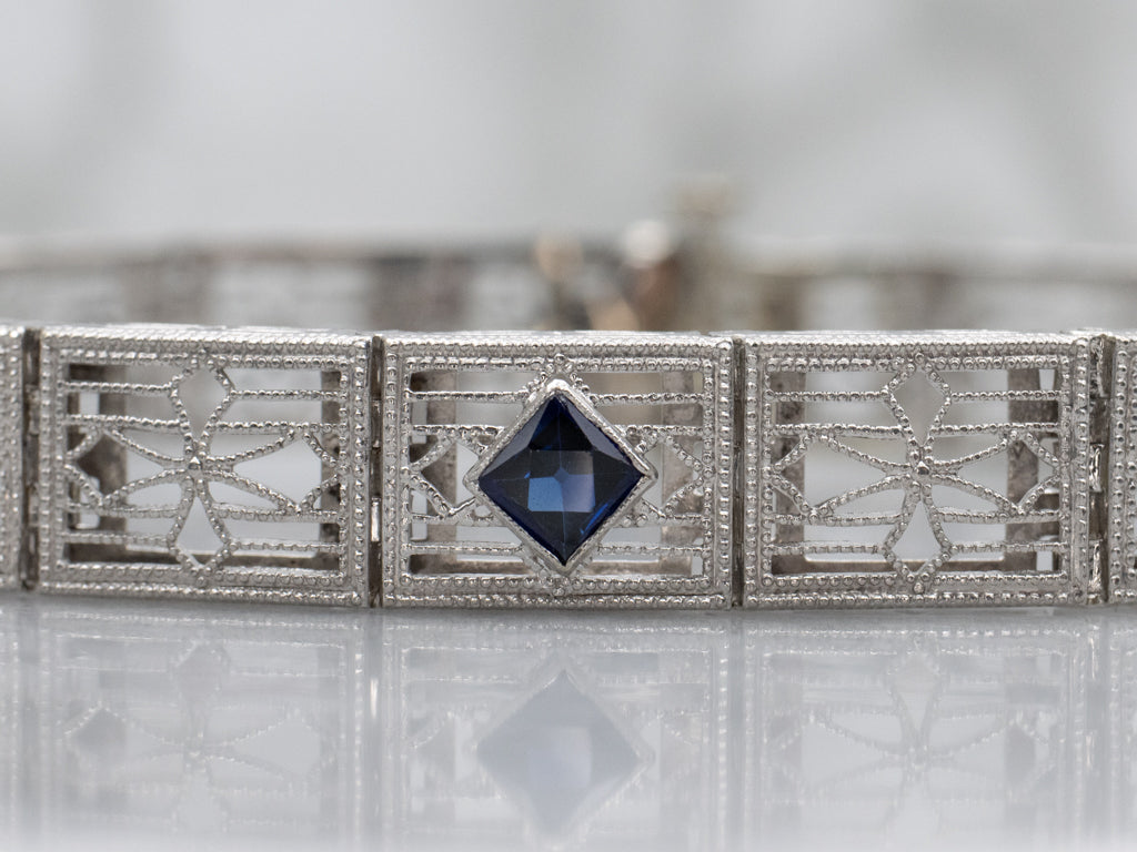 Art Deco 1920s Synthetic Sapphire Gold Filigree Link Bracelet