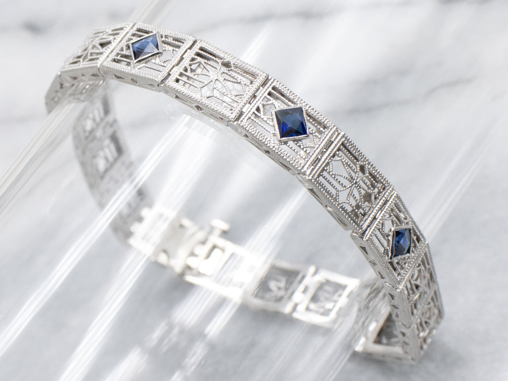 Art Deco 1920s Synthetic Sapphire Gold Filigree Link Bracelet