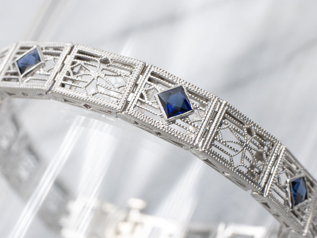 Art Deco 1920s Synthetic Sapphire Gold Filigree Link Bracelet