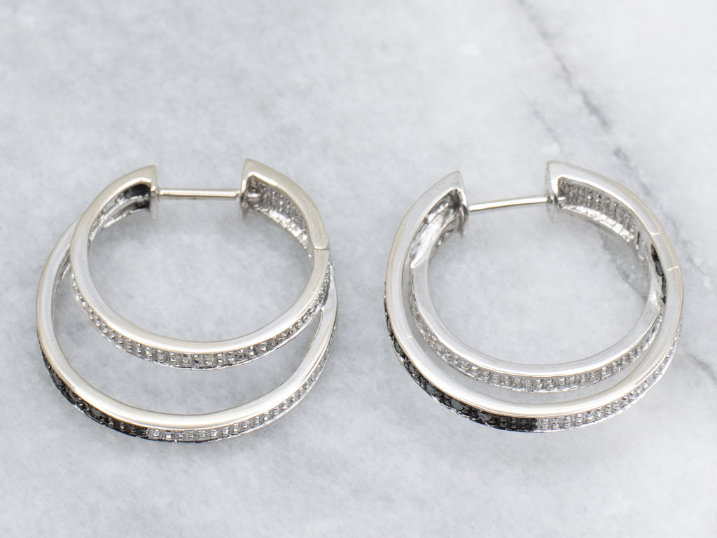 Modern Black and Brilliant Diamond Double-Hoop Earrings