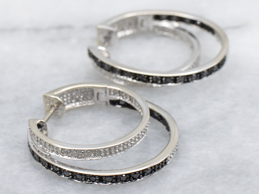 Modern Black and Brilliant Diamond Double-Hoop Earrings