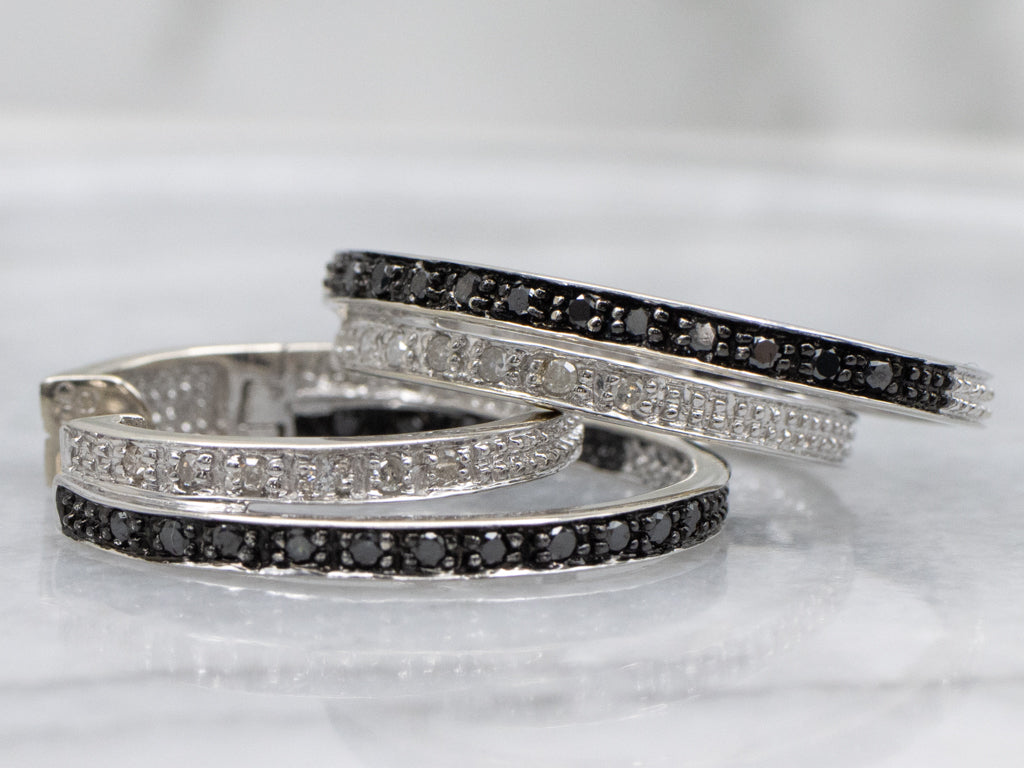 Modern Black and Brilliant Diamond Double-Hoop Earrings