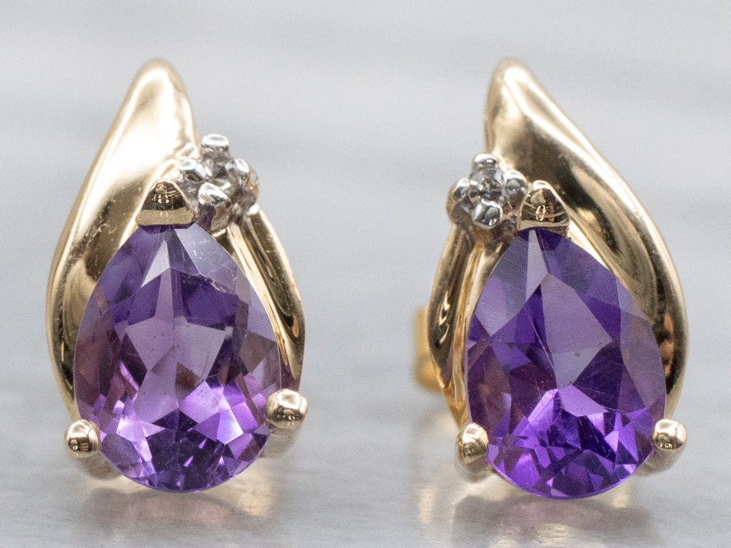 Teardrop Amethyst and Diamond Gold Stud Earrings