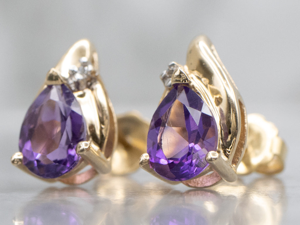 Teardrop Amethyst and Diamond Gold Stud Earrings