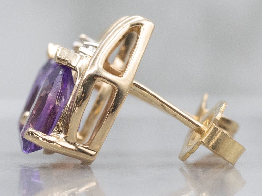 Teardrop Amethyst and Diamond Gold Stud Earrings
