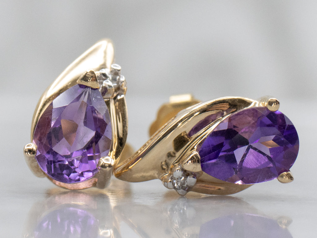 Teardrop Amethyst and Diamond Gold Stud Earrings