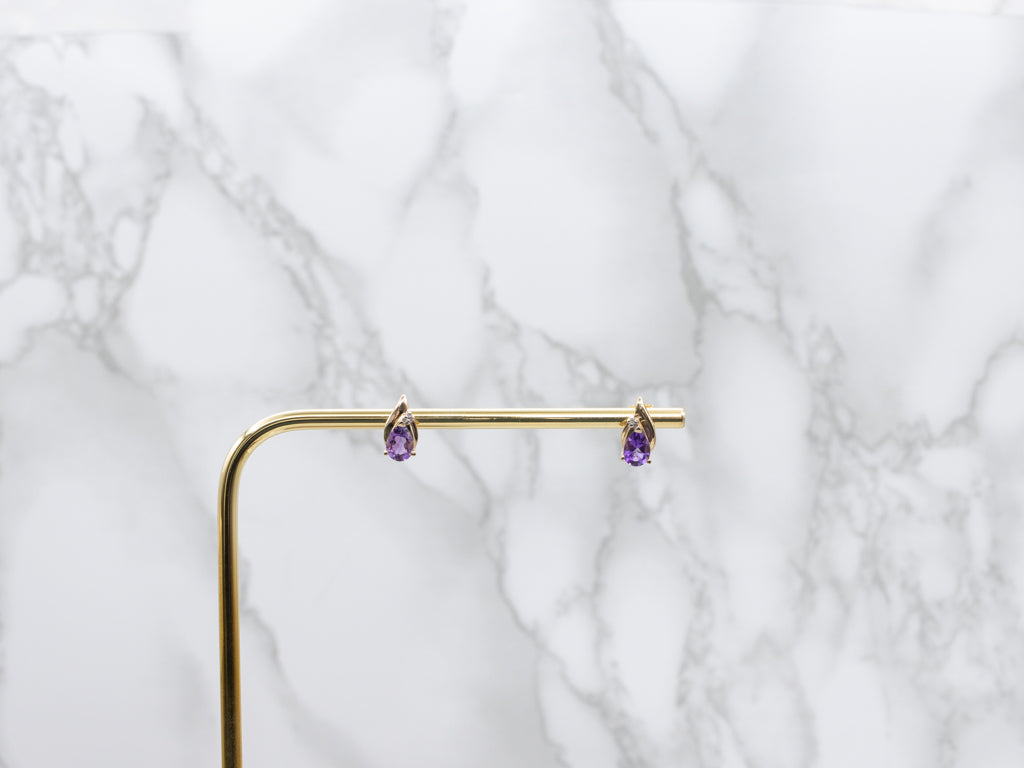 Teardrop Amethyst and Diamond Gold Stud Earrings