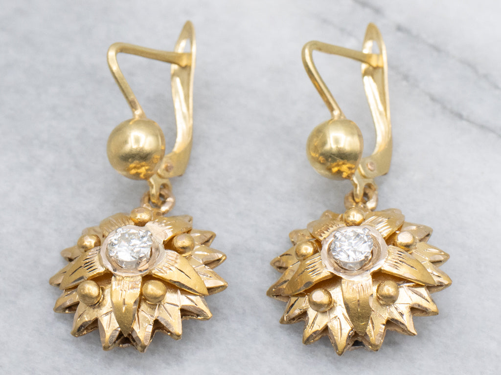 Old Mine Cut Diamond Mix-Era Flower Drop Earrings