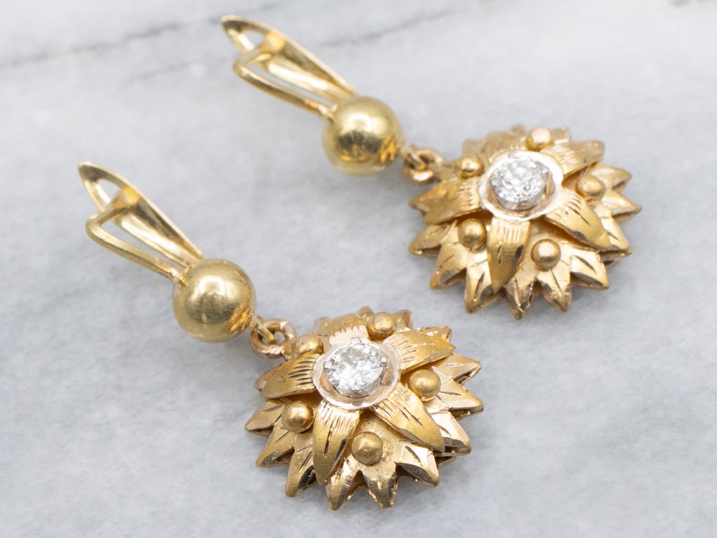 Old Mine Cut Diamond Mix-Era Flower Drop Earrings