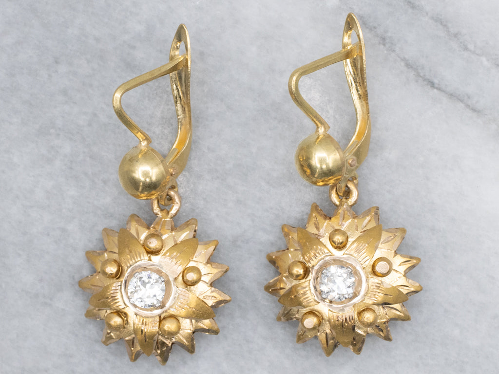 Old Mine Cut Diamond Mix-Era Flower Drop Earrings