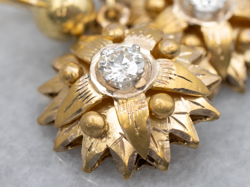 Old Mine Cut Diamond Mix-Era Flower Drop Earrings