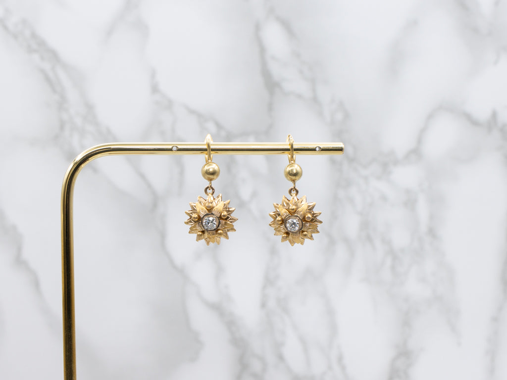 Old Mine Cut Diamond Mix-Era Flower Drop Earrings