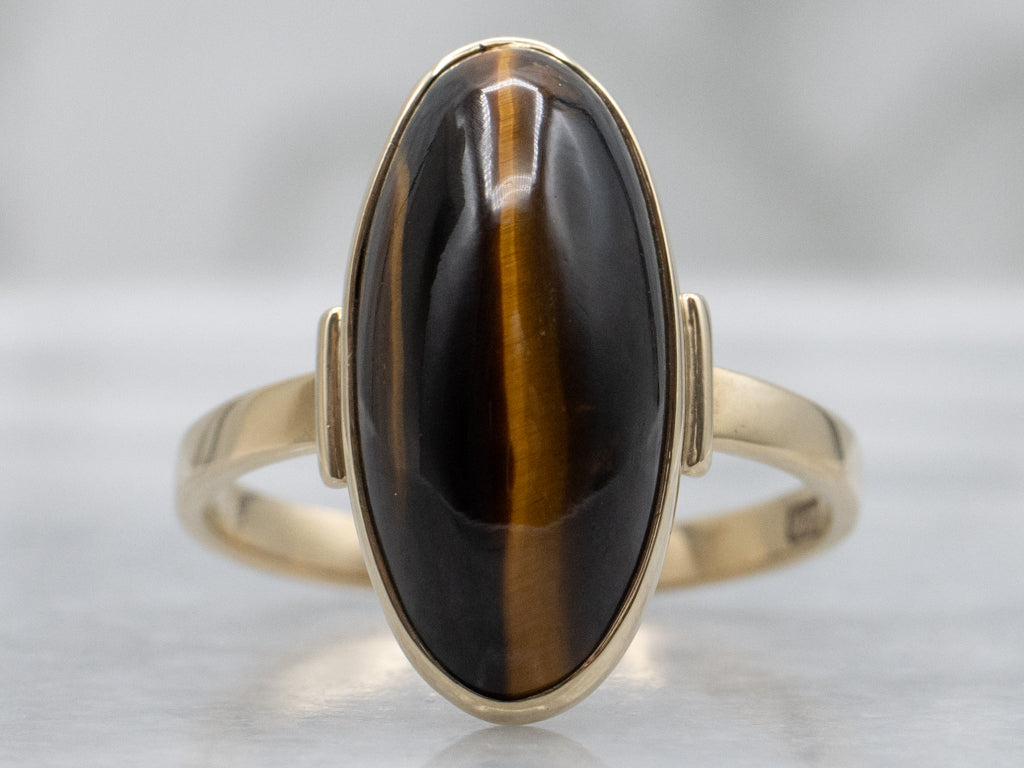 Elongated Oval Tiger's Eye Yellow Gold Ring