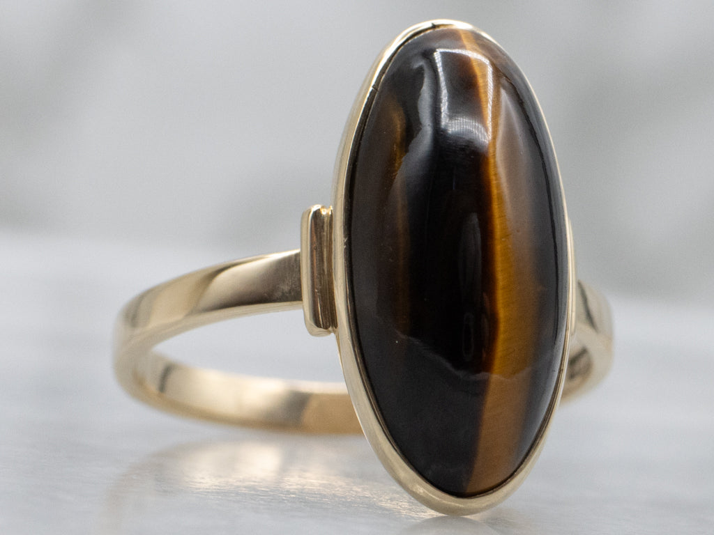 Elongated Oval Tiger's Eye Yellow Gold Ring