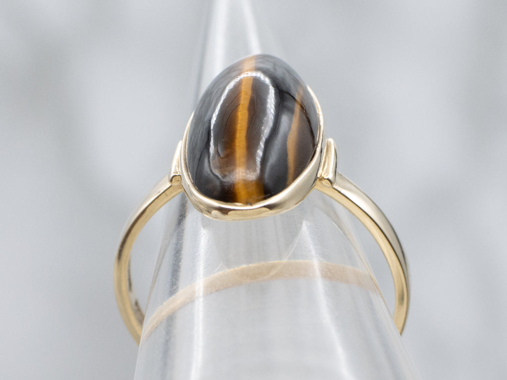 Elongated Oval Tiger's Eye Yellow Gold Ring