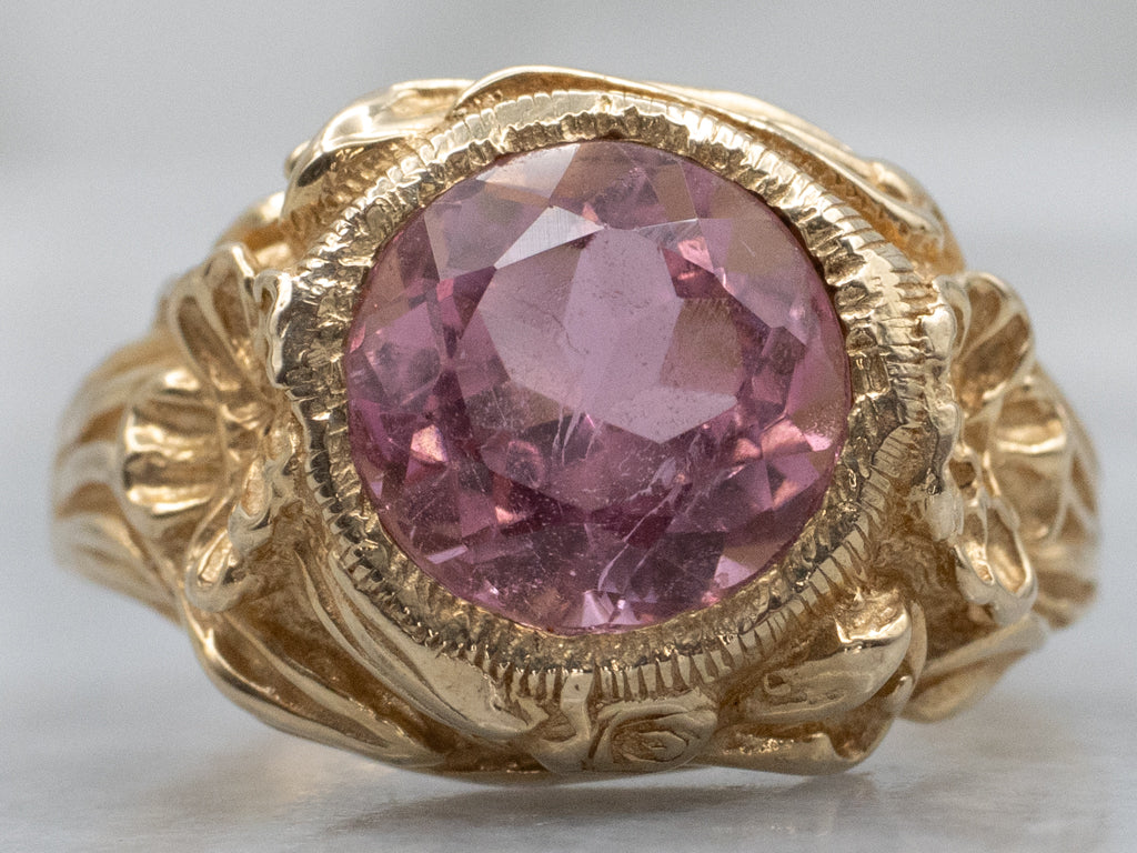 Vintage Gold Pink Tourmaline Floral Ring