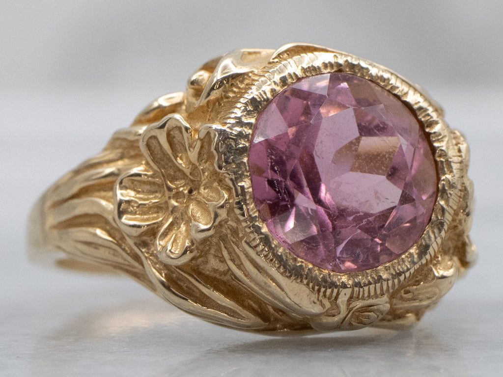 Vintage Gold Pink Tourmaline Floral Ring